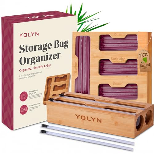 YOLYN Bamboo Kitchen Storage Bag Organizer, Drawer Organizer with Foil Dispenser, Bamboo Organizer for Sandwich Bags, Plastic Wrap, Baggie and Foil, Premium Kitchen Drawer Organizer