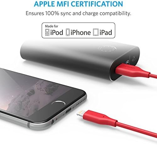 Anker Powerline 1ft Apple MFi Certified Short Lightning to USB Cable Sturdy Charging Cord for iPhone 5/5s/5c 6/6 Plus 6s/6s Plus 7/7 Plus, iPad Mini/Air/Pro iPod Touch(Red)