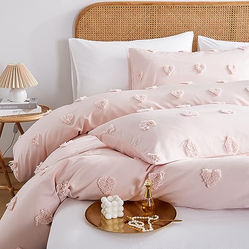 Image of Boho Tufted Comforter Set King Size Pink Heart Tufted Textured Bedding Set 3 Pieces Farmhouse Shabby Chic Embroidery Bed Set Soft Jacquard Comforter for All Season with 2 Pillowcases