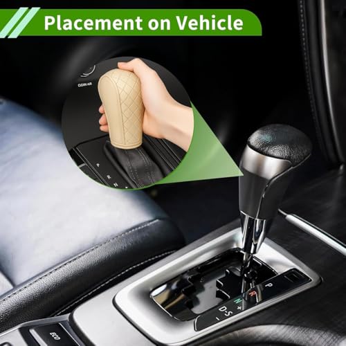 Image of DETACHI Car Gear Knob Cover Premium PU Leather Beige Non Slip Waterproof Gear Shift Protector Universal Fit for Cars SUVs Trucks Durable Diamond Design Handbrake Cover Stylish Car Interior Accessory