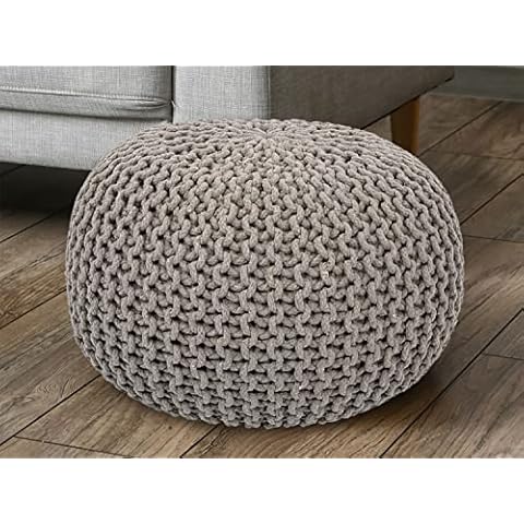 casamia Pouf Ø 55 cm Strickhocker Sitzpouf Sitzpuff Bodenkissen Grobstrick-Optik extrahoch Höhe 37 cm Farbe beige Cover