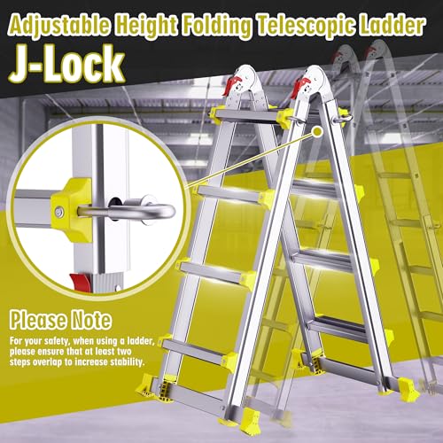 Image of A Frame Ladder, 14FT Aluminum 4 Step Ladder Foldable, 330LBS, Silver Yellow