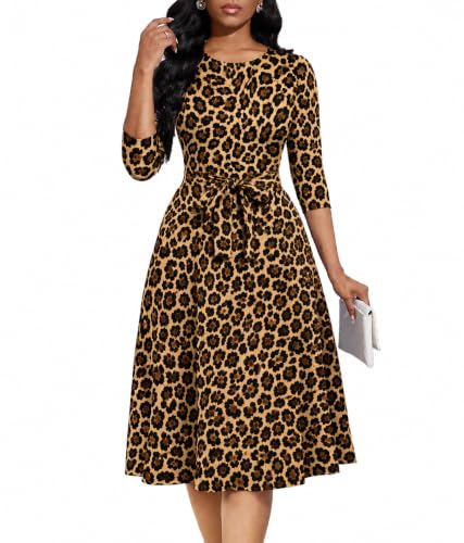 Image of Casual Dresses for Women Midi Church A-Line Fit and Flare Dress Crewneck 3 /4 Sleeve Party Dress