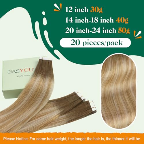 Easyouth Invisible Tape in Hair Extensions Human Hair Balayage Blond Tape Extensions Real Human Hair 24 Inch Brown Ombre Honey Blonde Platinum Blonde Tape in Human Hair Straight 20Pcs 50g #6/27/60 - Image 2