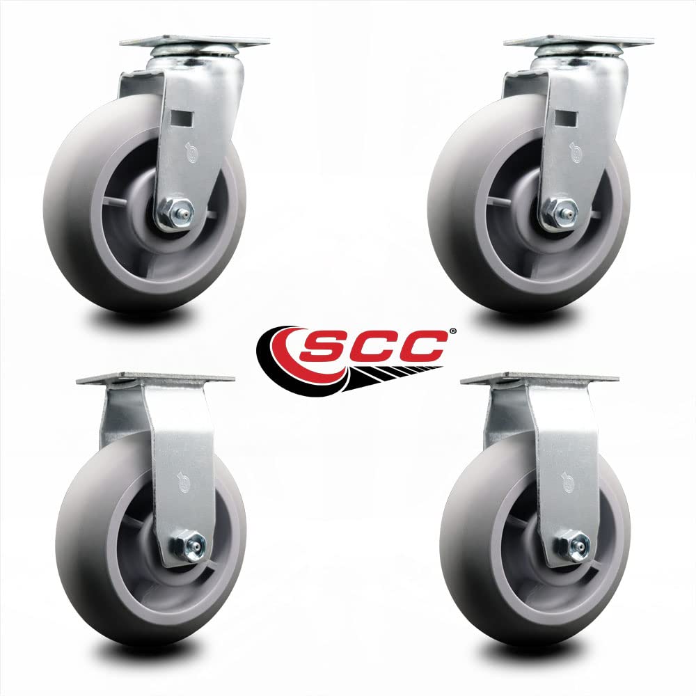 Swivel and Rigid Top Plate Caster Set – Gray 6 Inch by 2 Inch Thermoplastic Rubber Donut Tread Wheel–Roller Bearing–1,800 lbs. Total Capacity–Includes 2 Swivel and 2 Rigid Casters–Service Caster Brand