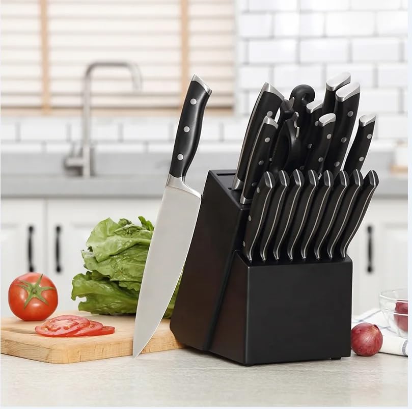 19-Piece Japanese Chef Knife Set – Forged Stainless Steel Kitchen Knives with Wooden Block – Professional Cutlery Set for Chopping & Slicing (Black)