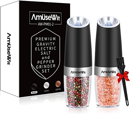 Gravity Electric Salt and Pepper Grinder Set of 2【White Light】- Battery Operated Automatic Salt and Pepper Mills with Light,Adjustable Coarseness,One Handed Operation,Cleaning Brush,Black by AmuseWit