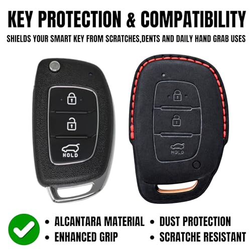 Image of KMH Alcantara Car Key Cover Compatible Hyundai Grand i10 NIOS Asta | Venue | i20 | Aura | Creta | Elantra 3 Button Shell Case Holder Full Key Smart Keycover with Keychain (D1) Black - Pack of 2