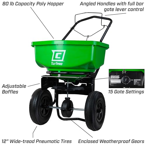 Chapin 89200A Spreader, Lawn and Garden, 80Lbs, All Season, TurfPro, Broadcast, Push, Walk Behind, 12\" Tires, Weather-Proof, Poly Hopper, Pull-Bar Lever with 30 Setting Gate, Fertilizer and Seeds