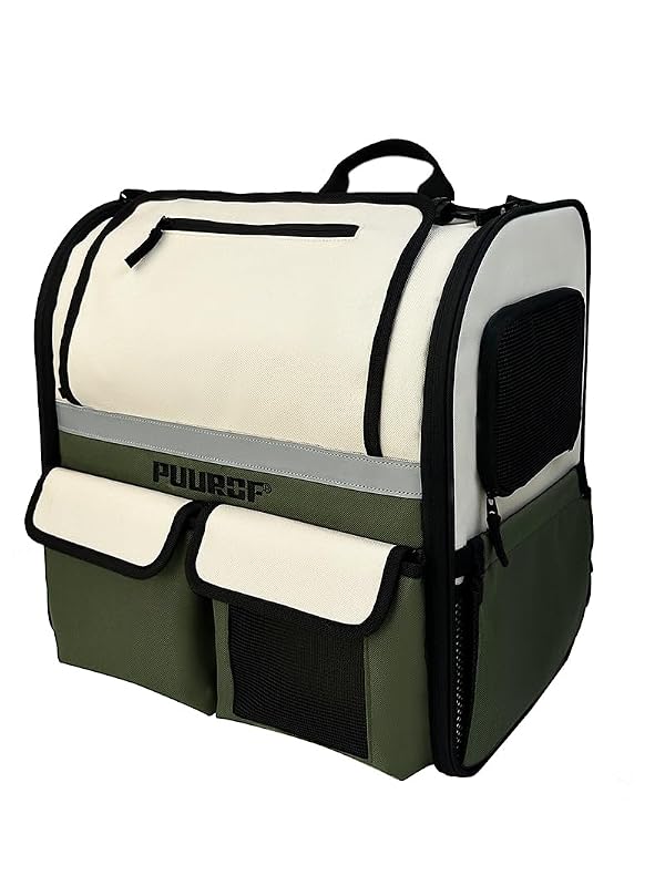 Mochila para Transporte de Gatos e Cães Pequenos PUUROF com Janela de Malha e Alças Ajustáveis Verde