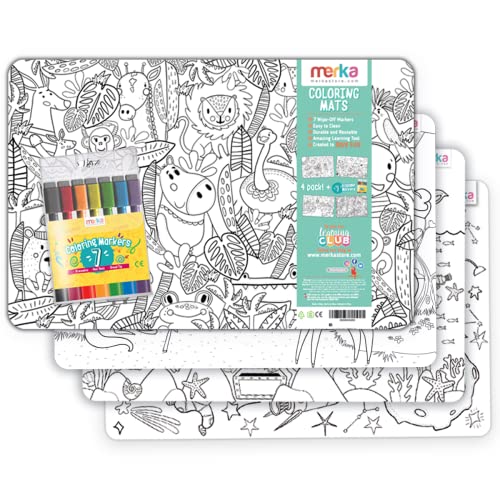 Merka 4-Pack Reusable Coloring Placemats for Kids with 7 Dry
