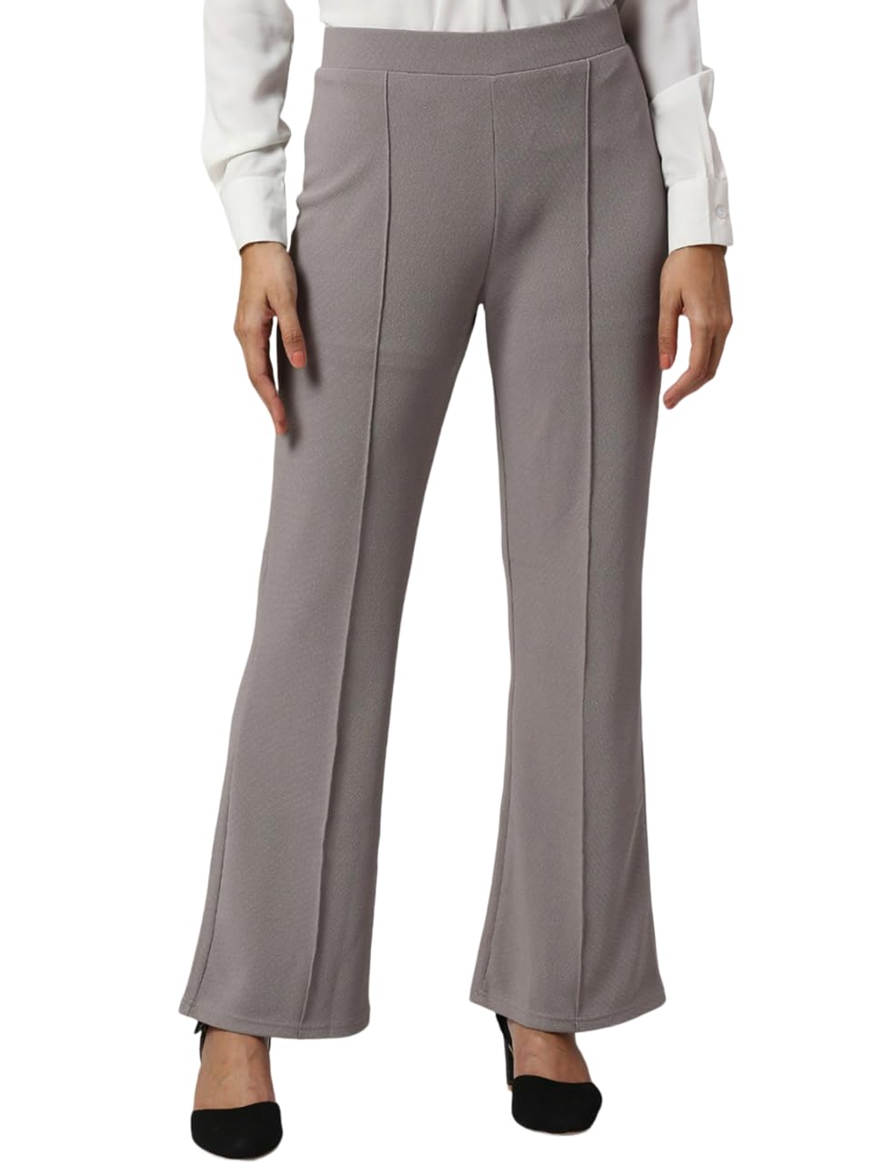 sharma group Women's Regular Fit Stretchable Cotton Blend Solid Bell Bottom Trousers Cream-picture-19