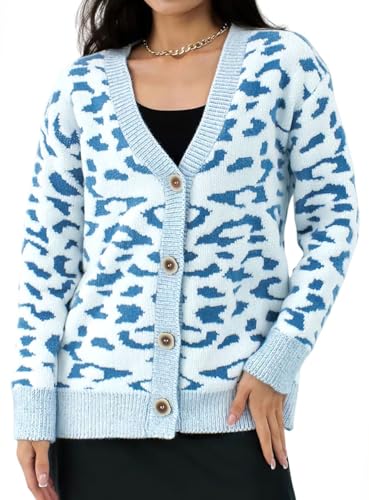 chouyatou Women's Baggy V-Neck Leopard Sweater Cardigans Sweater Button Down Chunky Knit Sweater Jacket