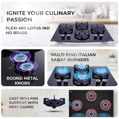Elica 60cm 4 Burner Auto Ignition Hob | FLEXI 460 LOTUS IND HD BRASS | SABAF Burners | Cast Iron Pan Support with Heat Guard | 8mm Toughened Glass... - Image 4