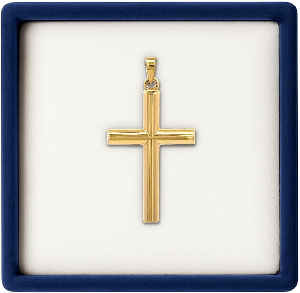 Cross+Crown Premium 14K Yellow Gold Tube Cross Pendant, Durable Double-Bonded 14K Pendant for Necklace, Women & Mens Gold Tube Cross for Chain, Handcrafted Religious Jewelry in the USA with Premium Jewelry Box
