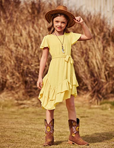 Arshiner Girls Dresses Loose Plain Casual Ruffle Swing Midi Dress with Belt for 5-14 Years4