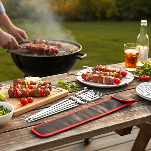 Profi BBQ Edelstahl Grillspieße, Extra Breit: 1 cm und Extra Stark 2 mm Dicke (10 St, 50cm) Fleischspieße, Schaschlikspieße Mangal Schampura Spieße Skewers Schaschlik Kebap Spiesse Grillspiesse