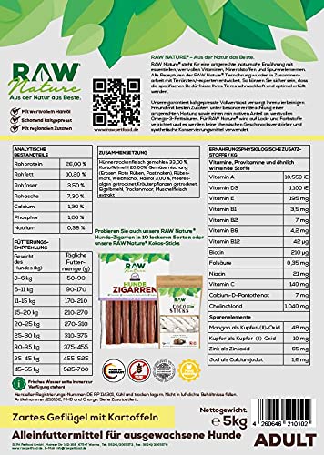 RAW Nature Trockenfutter Adult mit Huhn 5kg, kaltgepresstes Hundefutter, Getreidefrei, 100% Muskelfleisch, hoher Fleischanteil, ohne künstliche Zusätze, für alle Rassen und Sensible Hunde geeignet