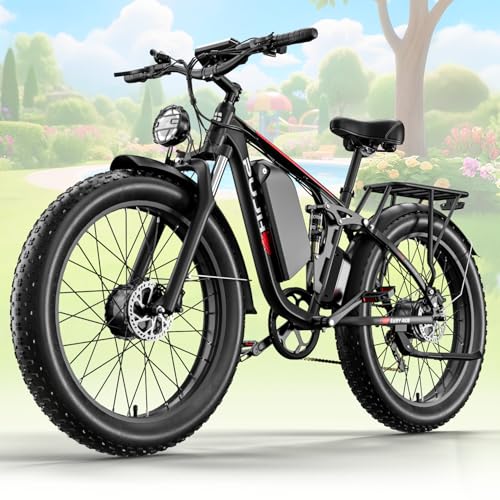 PUJH Electric Bike, 60V 20Ah 5000W Dual Motors 24" Fat Tires Reaches 45 mph 110 Max Mile Range Full Suspension Hydraulic Brakes Class 3 Ebike Adult-Sized for Off-Road Mountain Riding Adventures Black