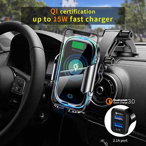 KLT Wireless Car Charger Mount 15W Qi Fast Charging Auto-Clamping Windshield Dash Air Vent Car Phone Holder Compatible with iPhone 12 Pro/XS/X/XR, Samsung S10/S9/S8/S8+