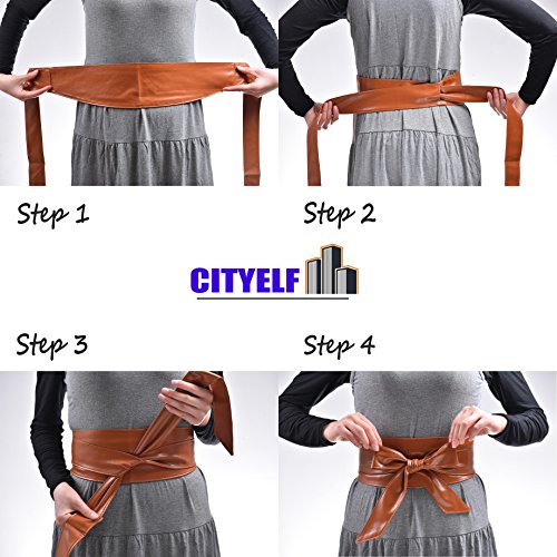Woman Leatherette Wide Waistband Obi Belt Cityelf Faux Leather Wrap Around Lace Up Cinch Band Wide Self Tie Cummerbund