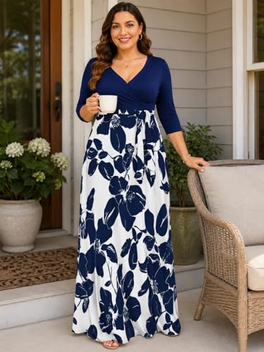 Image of Plus Size Maxi Dress for Women V Neck Flowy Dresses with Pockets for Wedding Guest Church