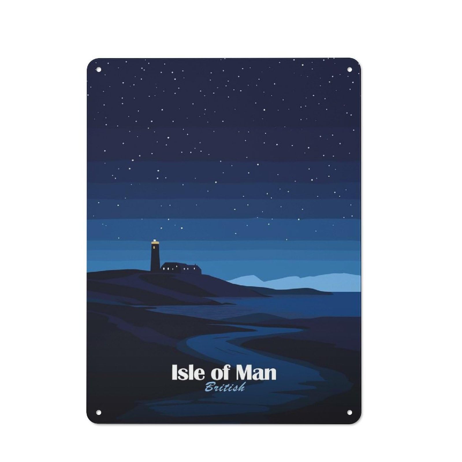 Junmoney Style-4 Metal Wall Plaque With Isle Of Man Night Landscape Design 40X30cm, Simple Retro Studio Wall Plaque For Hobby Room, Office, Lounge Or Living Room