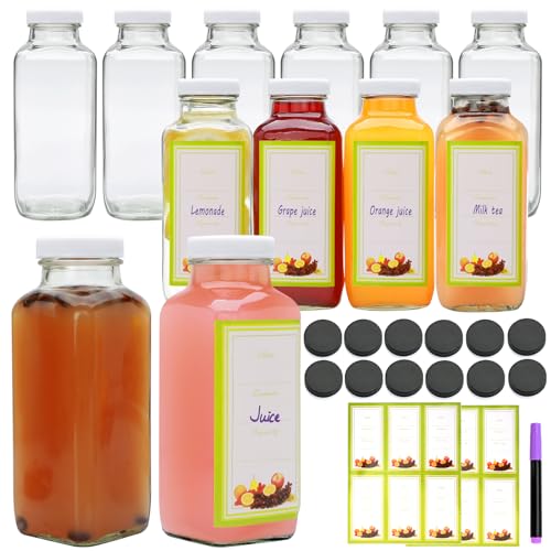 Brajttt Glass Juice Bottles with Lids, 12 OZ Juicing Bottles Reusable Glass, Set of 12 Square Beverage Containers Drinking Jars for Milk,Juice,Tea,Milkshake, Water,Honey,Jam