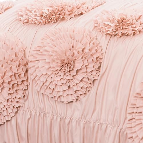 Image of Lush Decor Serena Comforter Set, 3 Piece Set, King, Blush - Ruched Ruffled Flower Design - Romantic Ruffle Bedding Set - Vintage Glam & Farmhouse Bedroom Decor