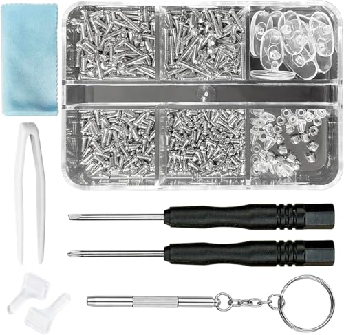 Kit de reparo de óculos de 500 peças com parafusos variados e almofadas de nariz, pinças, porcas e arruelas para óculos, óculos de sol e reparos ópticos
