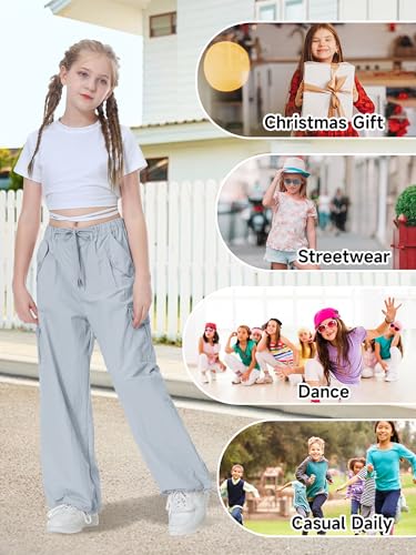Image of Rolanko Parachute Pants for Girls Y2K Cargo Trousers with Pockets Harajuku Jogger Pants Kids 4-14 Years