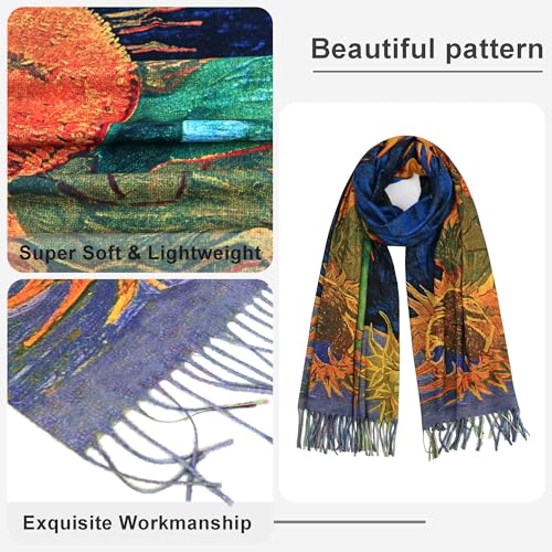 Reversible Pashmina Scarf - Double-side Cashmere Feel Shawl Wrap Monet Van Gogh Art Printing Scarves2