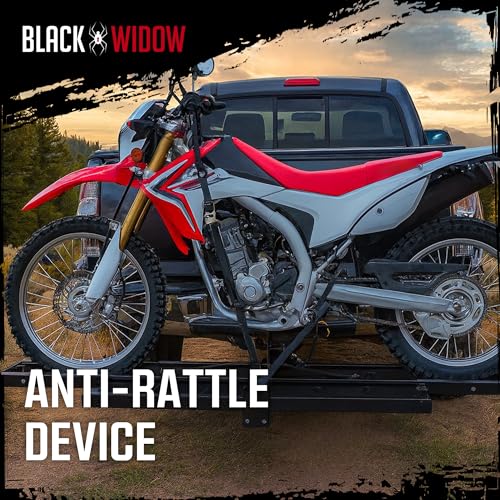 Image of Black Widow Steel Motorcycle Carrier with Ramp for 2-Inch Receiver, 500 lb Capacity - Hitch-Mounted Dirt Bike and Scooter Hauler with Grit-Coated Track and Anti-Rattle Device for SUVs and Trucks