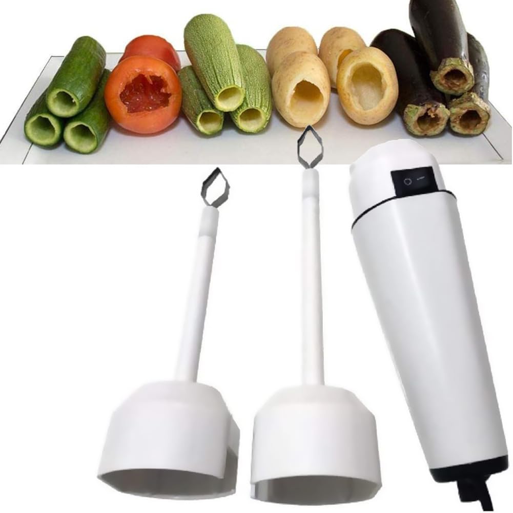 RIJPEX Electric Vegetable Corer Handheld Kitchen Zucchini Digging Corer with 2 Heads, Adjustable Speed Stainless Steel Fruit Seed Remover, One Button to Use