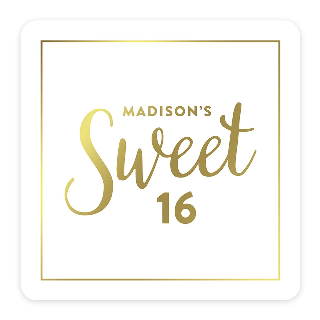Andaz Press Personalized Square Birthday Favor Gift Labels Stickers, Metallic Gold Ink, Sweet 16 Birthday, 40-Pack, Custom Made Name