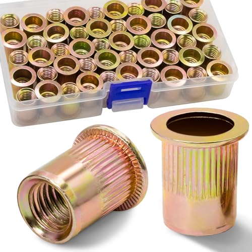 Image of 3 /8''-16 UNC Rivet Nut, 50Pcs Zinc Plated Finish Carbon Steel Flat Head Threaded Insert Nutsert Kit