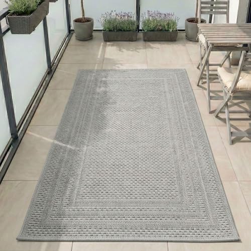 Carpetsale24 Outdoor Teppich Grau 80x150 cm Läufer, Wetterfest & UV-beständig, ideal für Küche, Balkon, Terrasse auch Wohnzimmer und Esszimmer, Einfarbiges Design mit Bordüre, Leicht zu Reinigen
