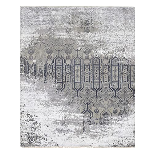 Shahbanu Rugs Agreeable Gray Dense Weave Broken and Erased Geometric Design Art Wool and Silk Hand Knotted Oriental Rug (8'x9'10')