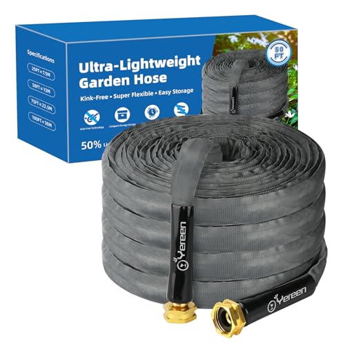 Yereen Non-Expanding Garden Hose 50FT, 2025 Upgraded Flat Hose, Lightweight Garden Hose Kink-Free, Burst-Resistant, Easy Use for Outdoor, RV, Lawns, Cleaning, Boat