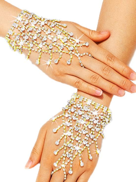 GEMILY Rhinestone Fingerless Gloves Gold Metallic Hand Jewelry for Women