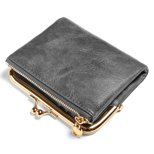 Genuine Leather Wallet for Women & Men, RFID Blocking Bifold with Zipper and Kiss Lock, Vintage Coin Purse (Grey)