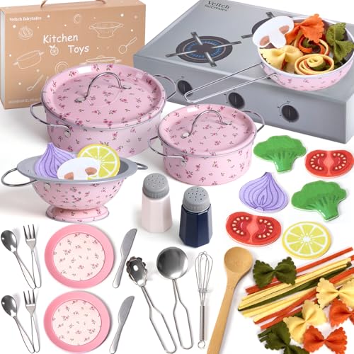 Veitch fairytales Matschküche Zubehör Outdoor Kinderküche Geschirr Set mit Spieltöpfen | Zubehör für Spielküche, Kindergeschirr & Küchenspielzeug | Kinder Küchenzubehör für Matschküchen (Rosa)