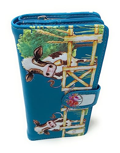 Shag Wear Barnyard Cows Large Animal Wallet for Women and Teen Girls Vegan Faux Leather 7" Teal4