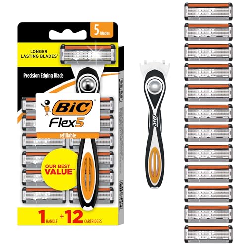 BIC Flex 5 Mens Refillable 5-Blade Razors with 1 Handle and 12 Cartridges Smooth Shave Kit with Precision Edging Blade College Dorm Room Essential Shower Caddy and Toiletry Bag Ready