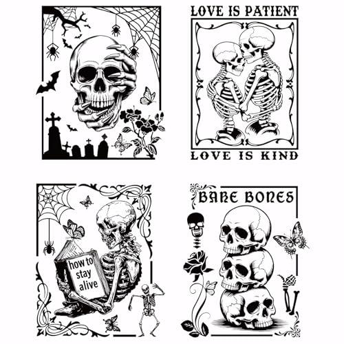 SUPERDANT 4 calcomanías de transferencia de calor con diseño de esqueleto para planchar, calavera, mariposa, lavables, para camisetas, transferencias DTF, listas para presionar, para ropa, sudadera