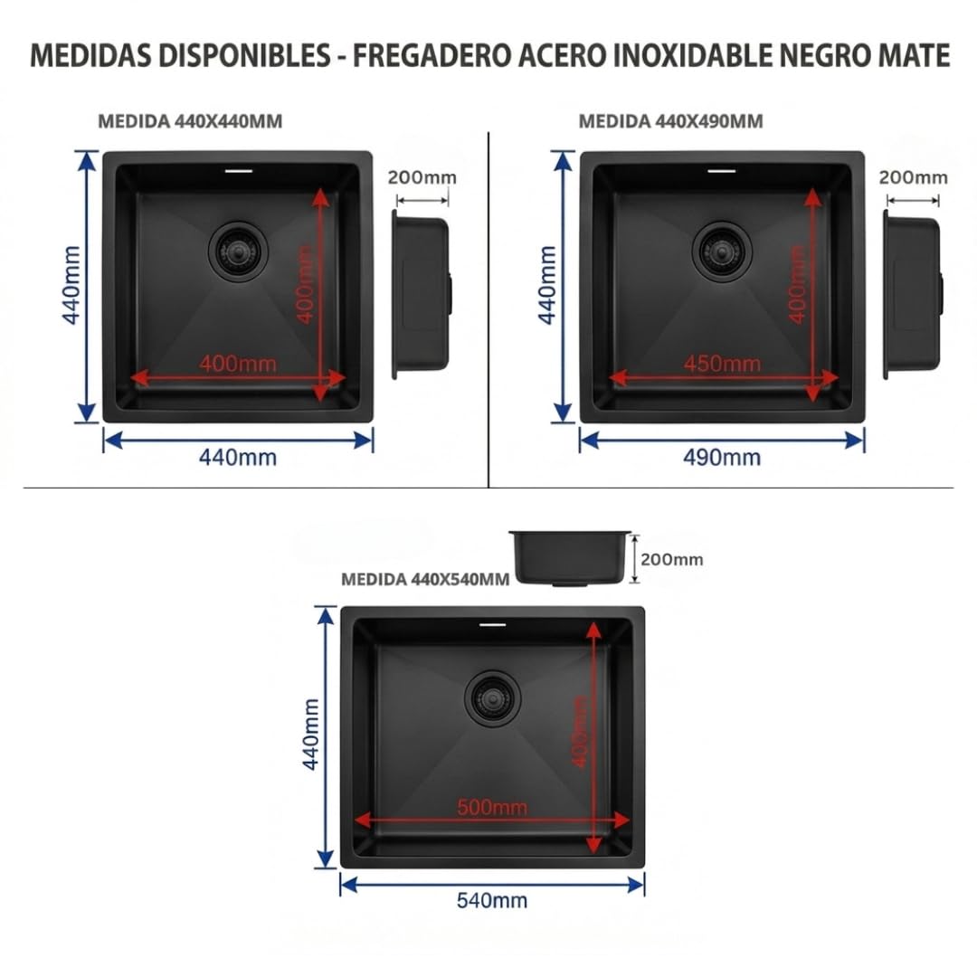 AZERODESIGN-Fregadero-Fregadero cocina-Fregadero cocina 1 seno-Fregaderos modernos para cocina-Fregadero sobre encimera-Fregadero bajo encimera-Fregaderos modernos (NEGRO MATE, 440 X 440 MM)