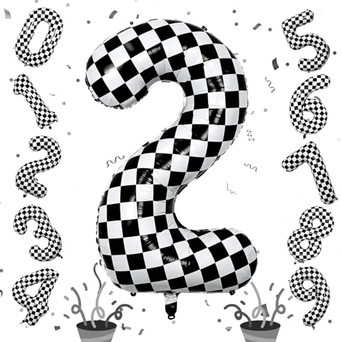Image of 40 Inch 2nd Birthday Number Balloon, Checkered Foil Self Inflating 2 Balloons Decor, Big Black and White Racing Helium Number 2 Balloons for Girls Boys Birthday Race Car Flag Party Decoration Supplies