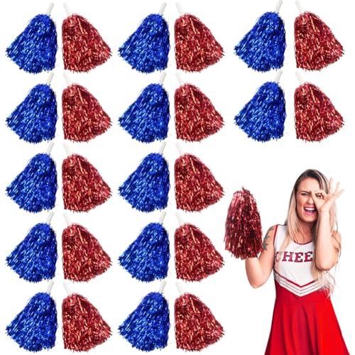 Lovecheer 24PCS Metallic Red and Blue Cheerleading Pom Poms with Handle