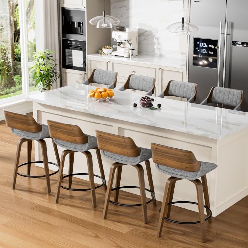 Image of YaFiti Bar Stools Set of 2, 26 inch Swivel Counter Height Barstools with Bentwood Back and Legs, Mid Century Modern Upholstered Fabric Counter Stools for Kitchen Island, Dining Room, Gray