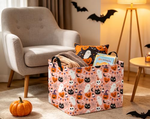 Image of Rectangular Halloween Basket for Boys and Girls Kids Trick or Treat Pumpkin Basket for Halloween Parties Cute Storage Bin Organizer Box Room Decor(Pink Heart Halloween)